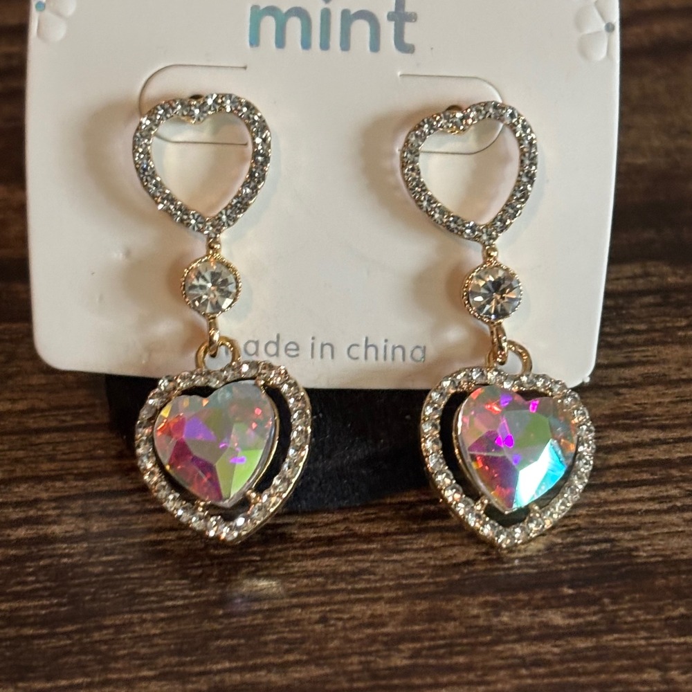 Gold Tone Iridescent Heart Drop Earrings Rhinestone Pave Accents NEW